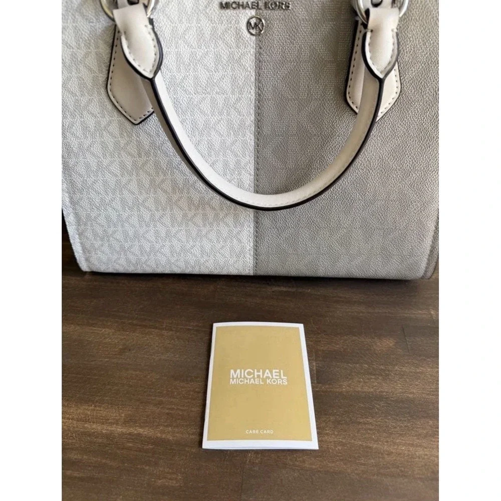 Michael Kors Two Tone Grey White MK Monogram Logo Satchel Bag Silver Hardware